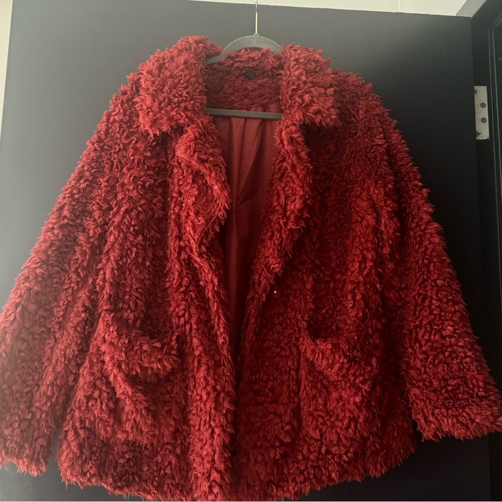 Red faux teddy bear coat